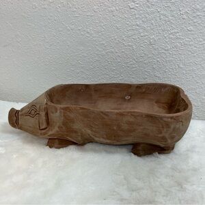Vintage Wooden Pig Dish Folk Art Hand Carved Bowl Farmhouse Cottagecore Farm